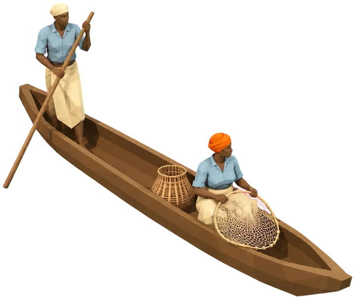 Mokoro dengan jala dan keranjang ikan.