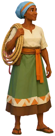 Dineo dengan gulungan tali di bahu.