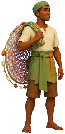 Mpho memanggul jala bundar.